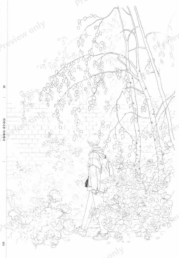 1499-07032026164733_052 Weeping blossom tree with a woman walking beneath, a peaceful spring coloring page