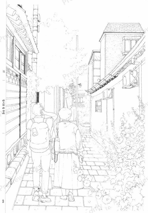 1499-07032026164733_053 Two women walking down a narrow brick alley, a calm street coloring scene