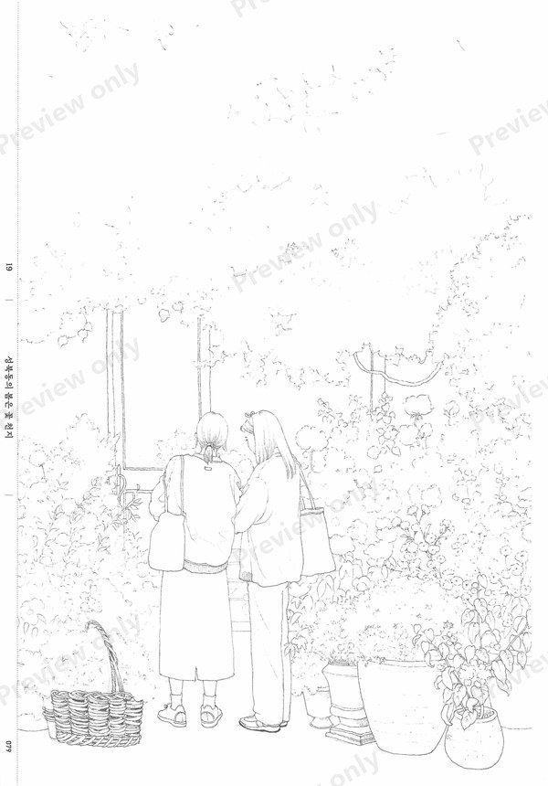 1499-07032026164733_055 Couple with a flower basket in a light line drawing, a romantic street coloring page