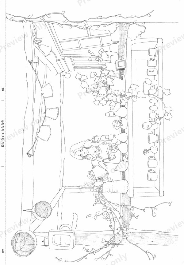 1499-07032026164733_056 String lights and vines over a lane with a bicycle, a charming evening coloring scene
