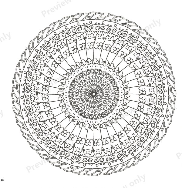 1500-20260321164334 Round cat mandala coloring page with a rope border and radiating rings of tiny cats and petals