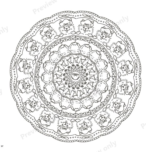 1500-20260321164334_004 Ring of cats and flowers inside a scalloped border, a detailed cat coloring page for quiet evenings