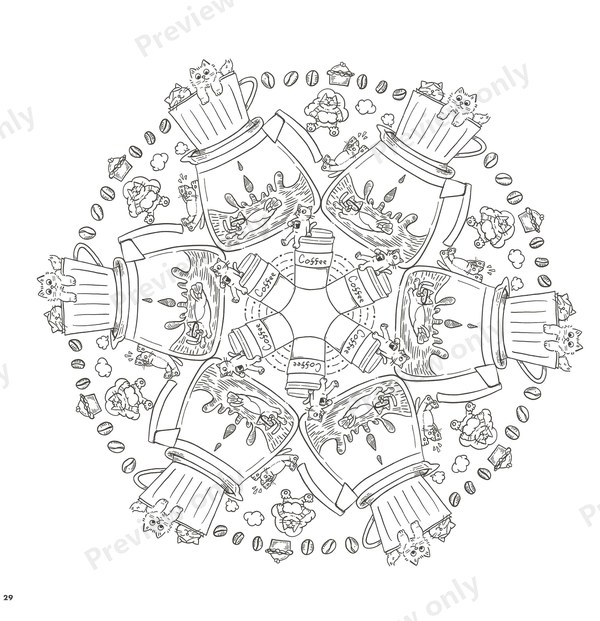 1500-20260321164334_006 Cafe mandala with coffee cups, sweets and cats arranged around a star center to color