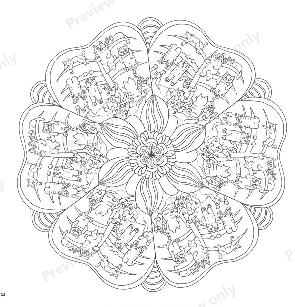 1500-20260321164407 Flower-shaped mandala with large petals and tiny cats, a pretty floral coloring page