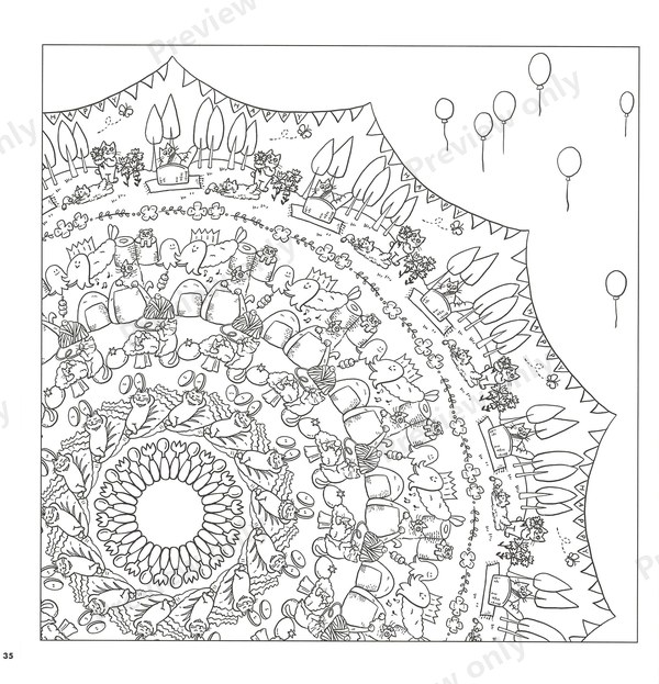 1500-20260321164407_002 Picnic coloring page with balloons, bunting and a curved mandala border full of cats