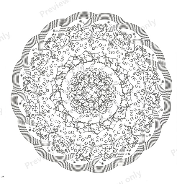 1500-20260321164407_004 Scalloped round mandala with dense patterns and cats, a detailed design for adult colorists