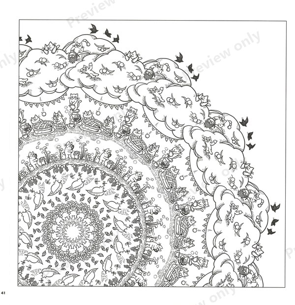1500-20260321164407_008 Autumn mandala with leafy trees and birds along the edge, a seasonal cat coloring page
