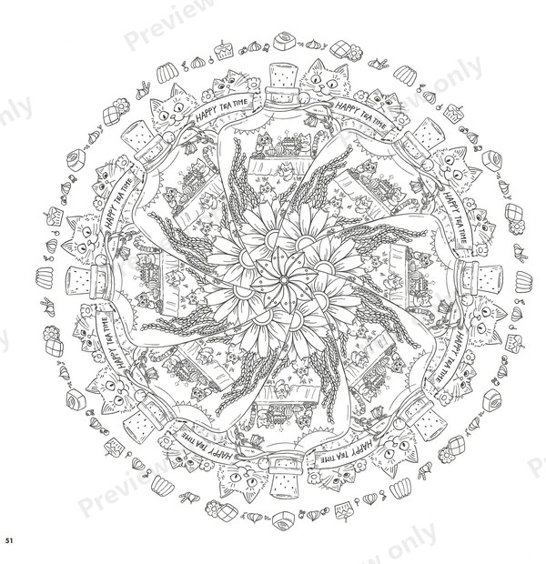 1500-20260321164407_018 Swirling spiral mandala with leaves and cats, a nature-inspired coloring page