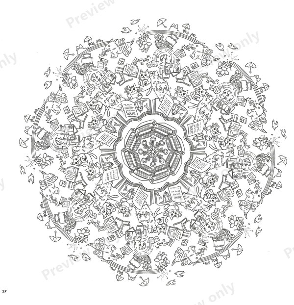 1500-20260321164407_024 Radial star mandala with cats and small objects, a storybook-style page to color