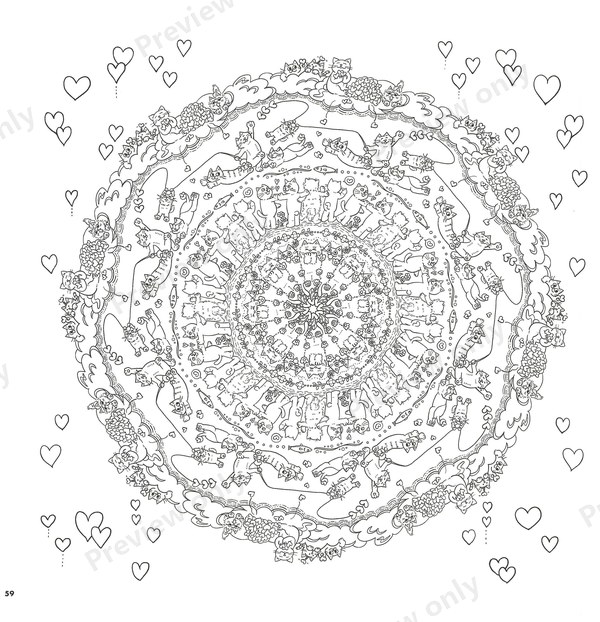 1500-20260321164407_026 Heart-edged mandala with cats in concentric circles, a sweet coloring page to give as a gift