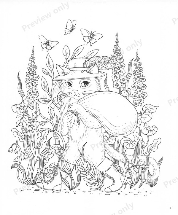 1503-20260321171527_004 Puss in Boots coloring page: a cat in a feathered hat among tall flowers and butterflies