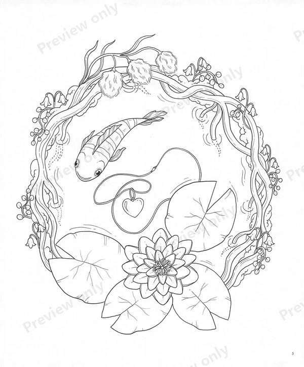 1503-20260321171527_006 Small fish swimming under a lily pad in a vine circle, a calm water scene to color