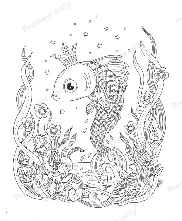 1503-20260321171527_009 Crowned fish prince among seaweed and flowers, a whimsical fairy tale coloring page