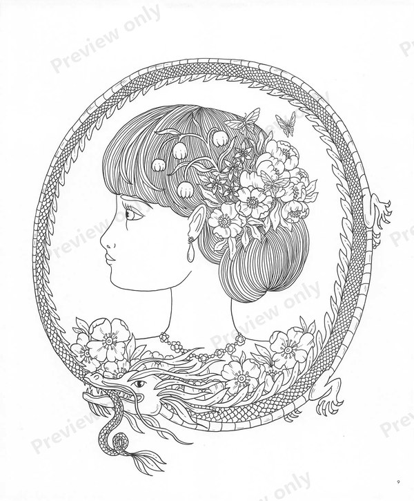1503-20260321171527_010 Woman in profile with a flower hairstyle framed by a dragon, a fantasy portrait to color