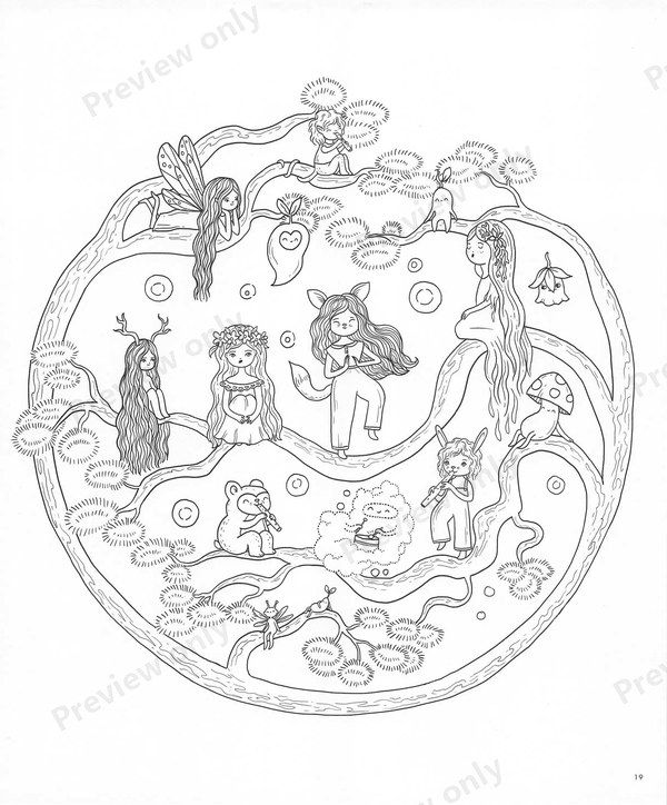 1503-20260321171527_020 Tiny fairies, girls and animals gathered in a round garden, a detailed fantasy scene
