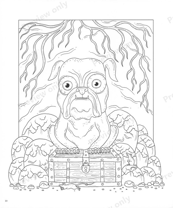1503-20260321171527_023 Bulldog guarding a treasure chest in tree roots, a fairy tale adventure page