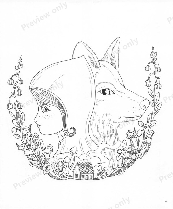 1503-20260321171527_028 Little Red Riding Hood in a wolf hood framed by bluebells, a classic story coloring page