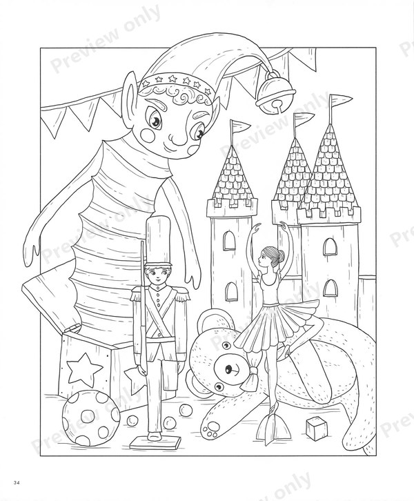 1503-20260321171527_035 Toy soldier, ballerina and teddy bear beside a castle, a nursery tale page for kids and adults