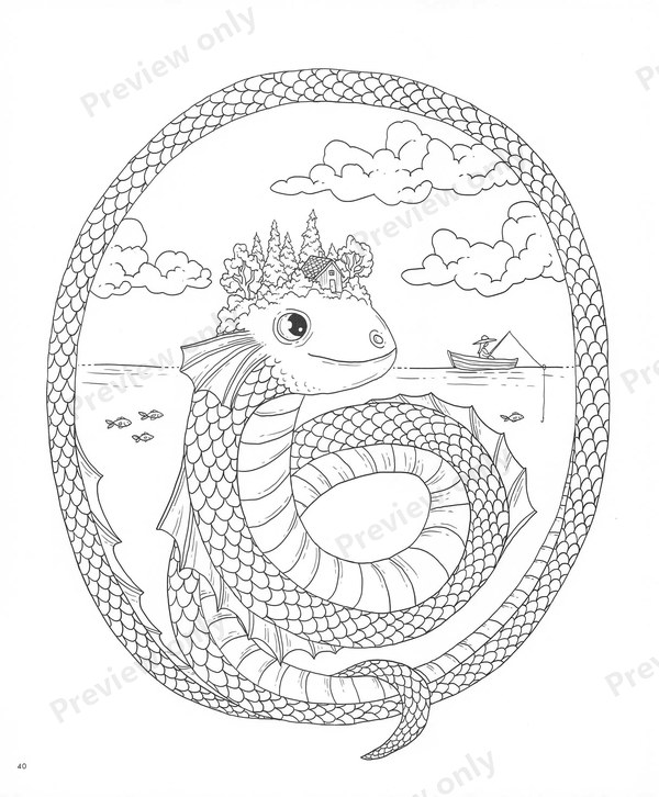 1503-20260321171527_041 Sea dragon coiled in a circle with a flower crown, a dragon coloring page with scales