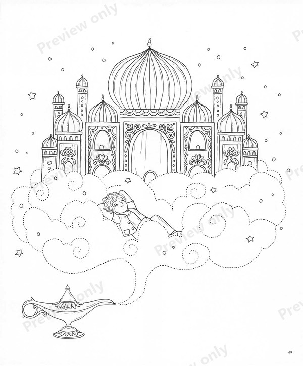 1503-20260321171527_050 Aladdin-inspired page with a genie lamp, dome palace and a sleeping boy on clouds