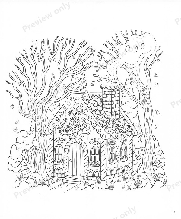 1503-20260321171527_052 Gingerbread house in a bare forest, a Hansel and Gretel coloring page with fine patterns