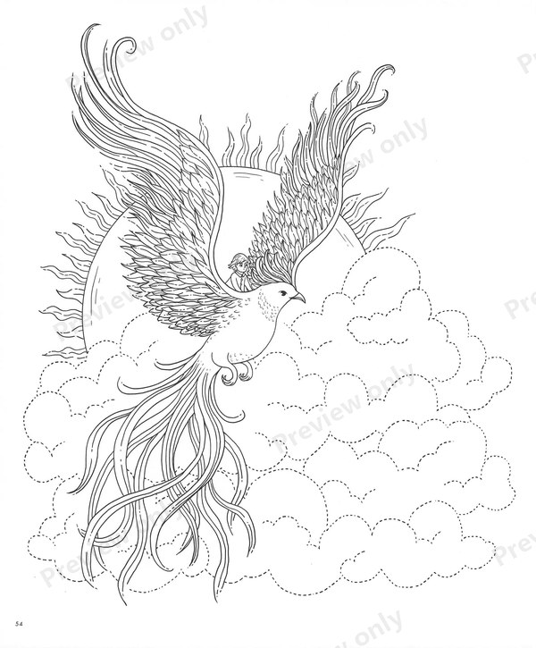 1503-20260321171527_055 Phoenix with long flowing tail feathers perched on a cloud, a firebird to color