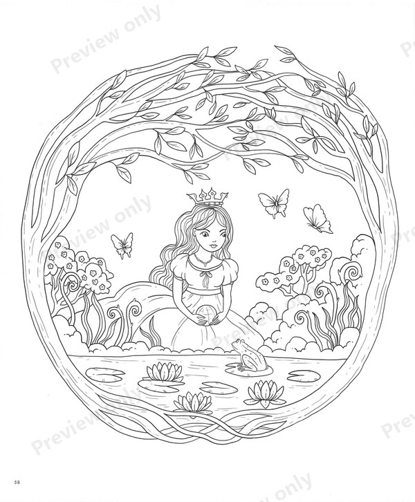 1503-20260321171527_059 Frog prince tale: a princess by a lily pond with a tiny frog, framed by branches