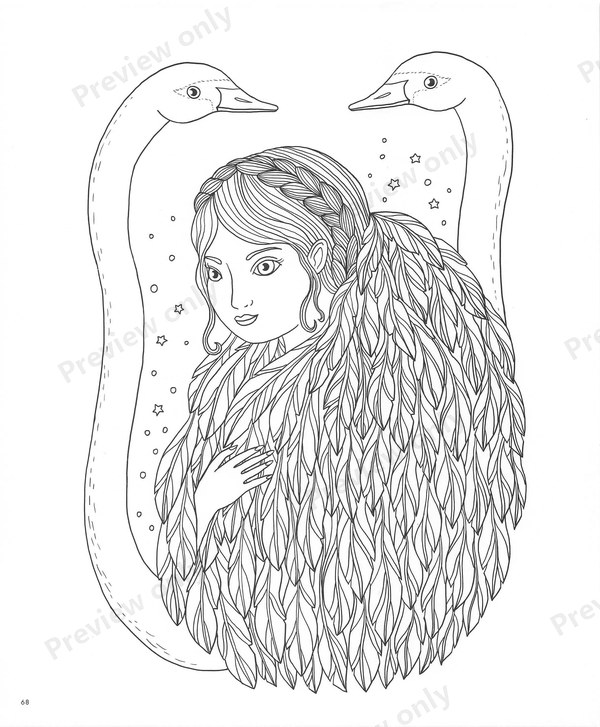 1503-20260321171527_069 Girl in a feathered cloak between two swans, a Wild Swans fairy tale page