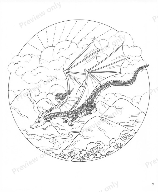 1503-20260321171527_072 Dragon flying over mountains with a tiny rider, a fantasy landscape to color