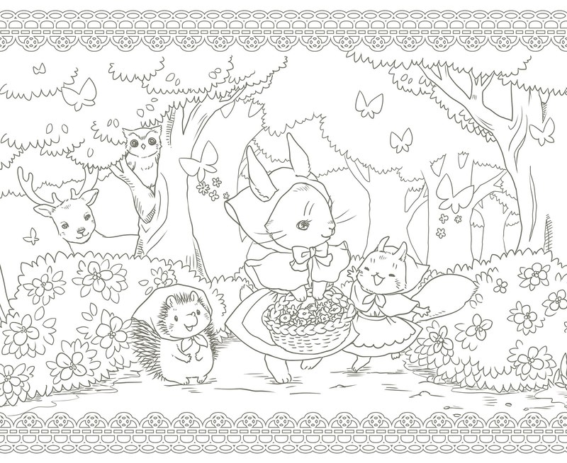 992-00016 Little Red Riding Hood coloring page with animals in matching hoods walking through a flower-filled forest