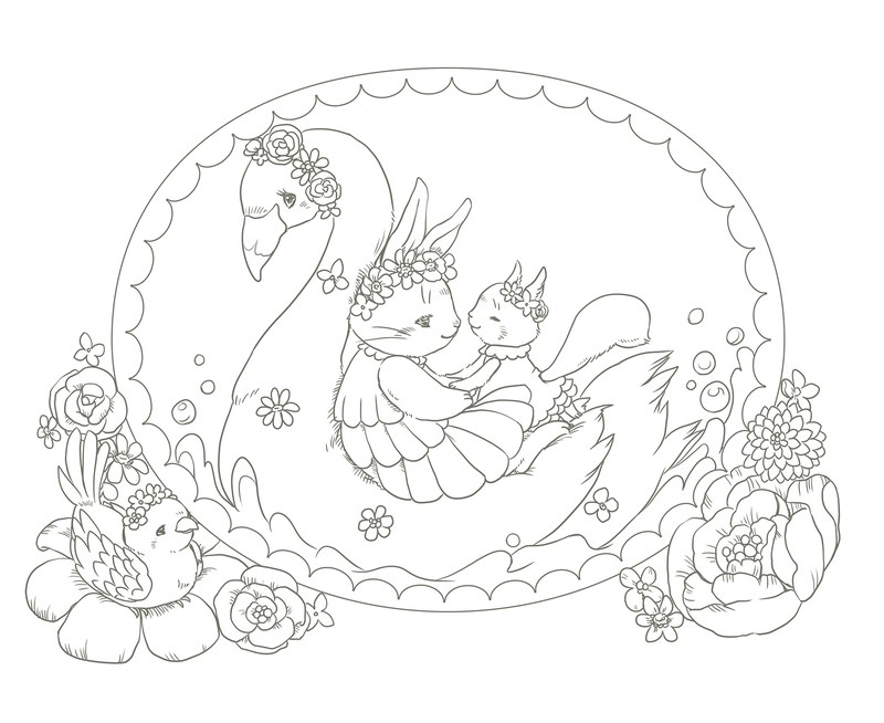 992-00018 Swan lake coloring page of a rabbit with a flower crown riding a swan inside a rose frame
