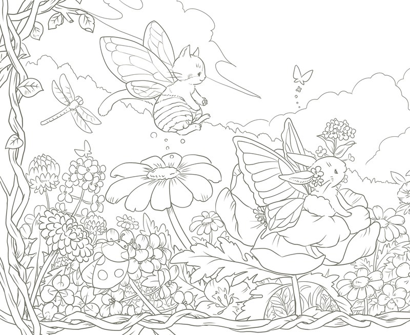992-00020 Fairy coloring page of a winged animal among giant blooms, butterflies and toadstools in a secret forest
