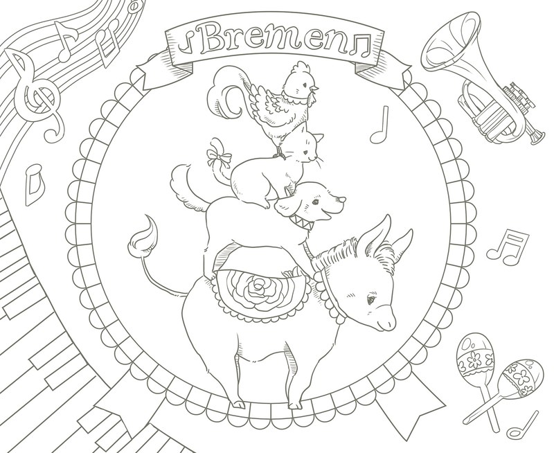 992-00022 Bremen town musicians coloring page with animals stacked on a donkey inside a round music-themed frame