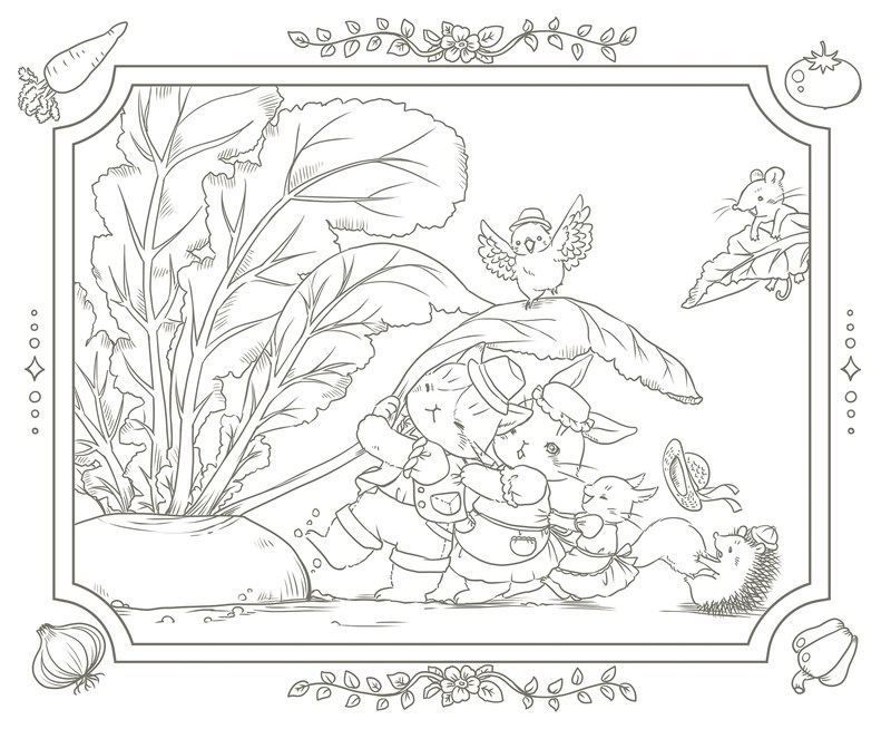 992-00024 Giant turnip coloring page with the cat, rabbit and hedgehog pulling together in a leafy frame