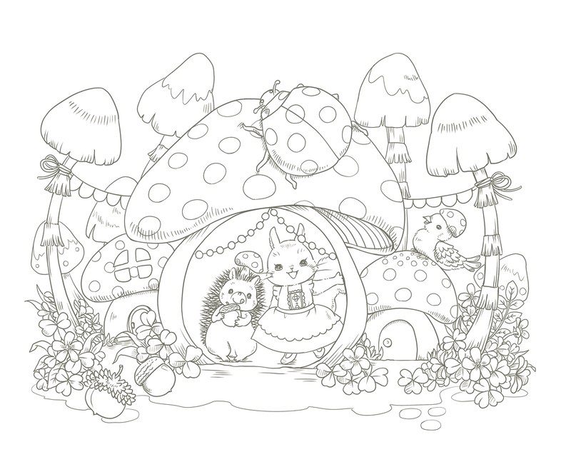 992-00028 Mushroom house coloring page of a squirrel and hedgehog playing hide and seek under toadstools