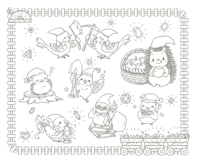 992-00030 Snow White style coloring page of a rabbit princess with seven little birds in a framed woodland scene