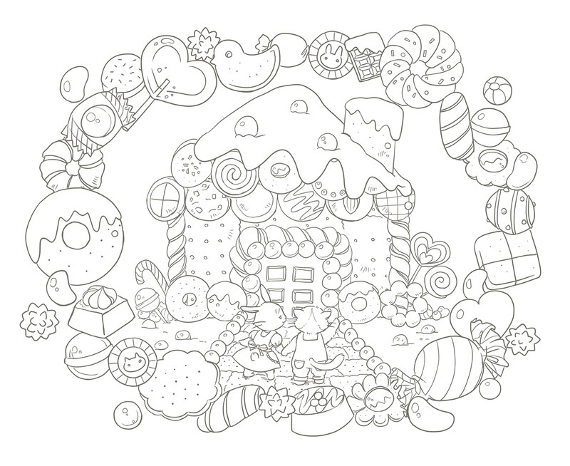 992-00032 Hansel and Gretel candy house coloring page wrapped in lollipops, donuts and wrapped sweets