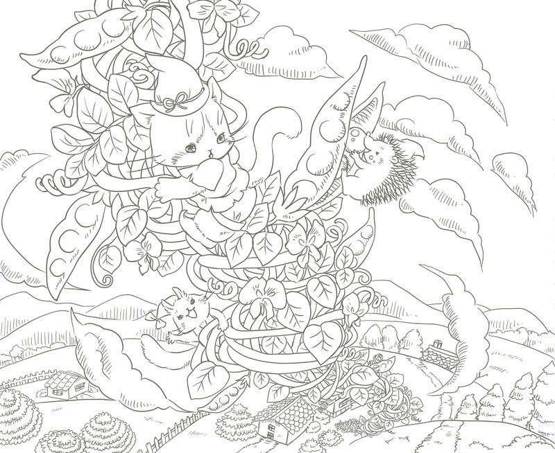 992-00036 Woodland animal coloring page of the friends climbing a beanstalk up to the clouds