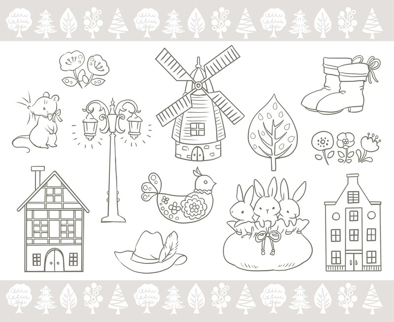 992-00038 Puss in Boots coloring page with a windmill, tulips, boots and a little European town