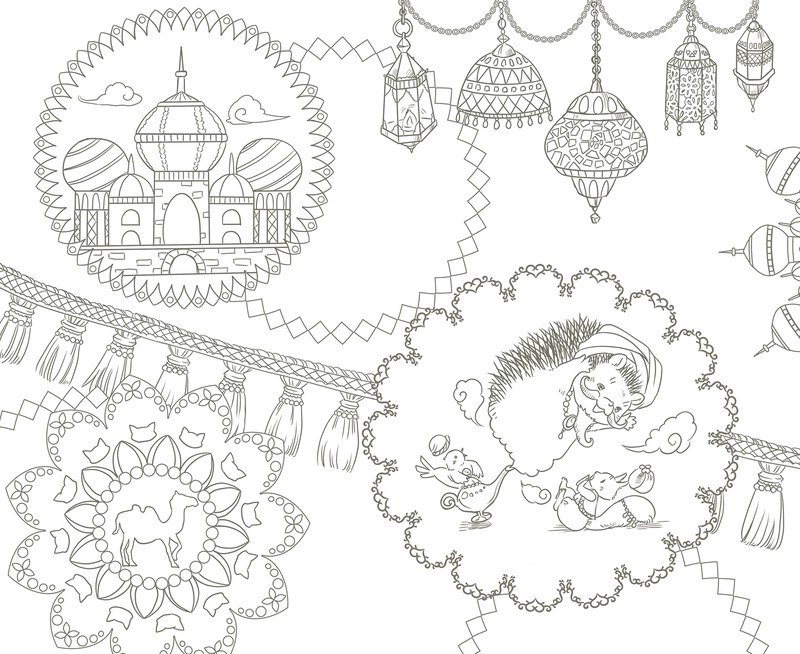992-00040 Magic carpet coloring page with Arabian lanterns, a domed palace and lace medallions