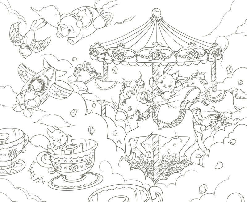992-00042 Dream amusement park coloring page with a carousel, a teacup ride and the animals flying overhead