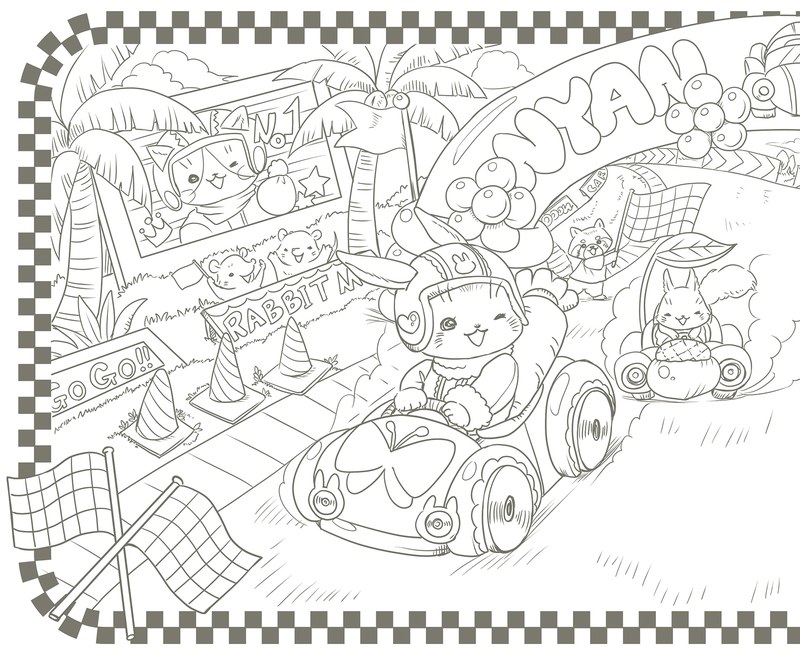 992-00048 Car race coloring page with animals driving race cars inside a checkered flag border