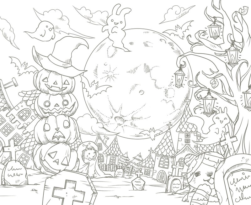 992-00052 Halloween coloring page with a full moon, jack-o-lanterns, a witch hat and trick-or-treating animals