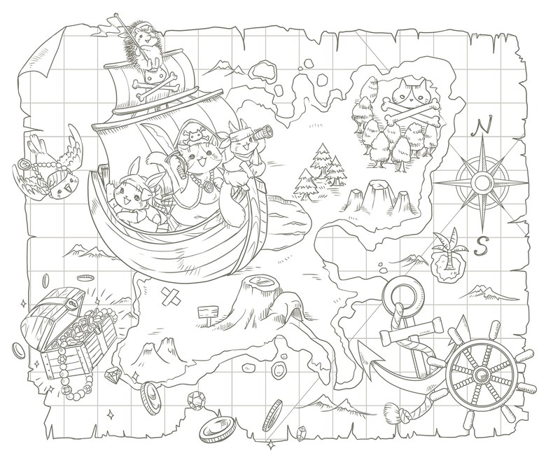 992-00054 Treasure map coloring page with a pirate ship, a compass and the animals hunting for treasure