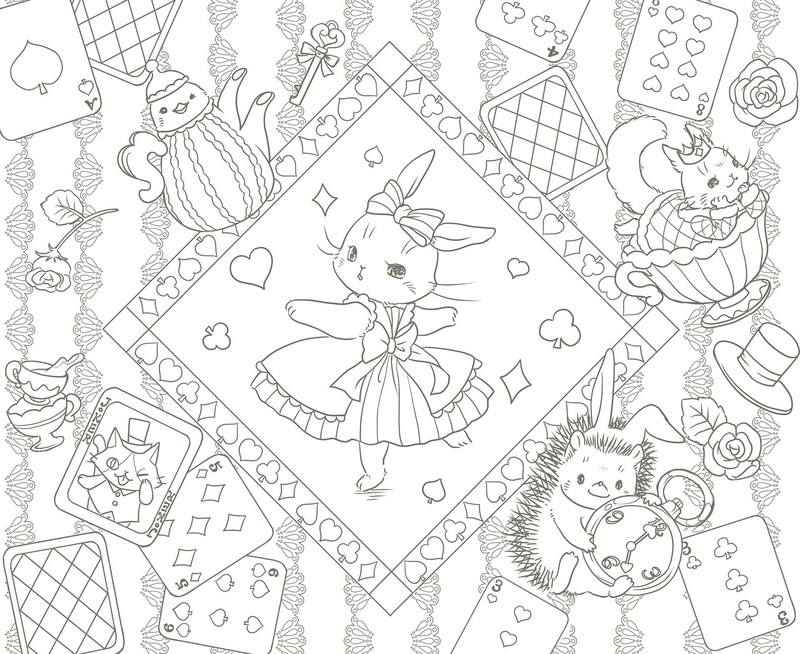 992-00056 Alice in Wonderland style tea party coloring page with playing cards, teapots and a rabbit princess