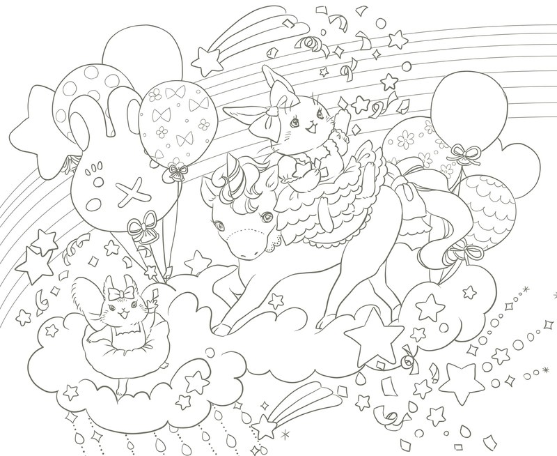 992-00058 Unicorn coloring page with animals riding through a rainbow sky full of balloons and stars