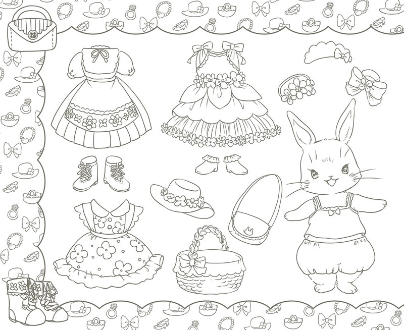 992-00064 Dress-up paper doll coloring page with a rabbit, frilly dresses, hats and shoes to color