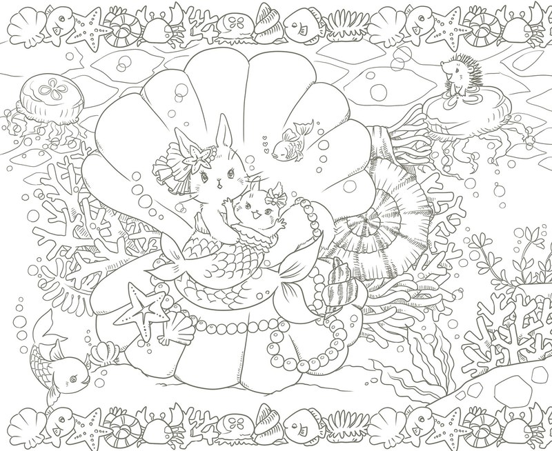 992-00066 Mermaid coloring page of an undersea world with a seashell throne, coral palace and sea turtles