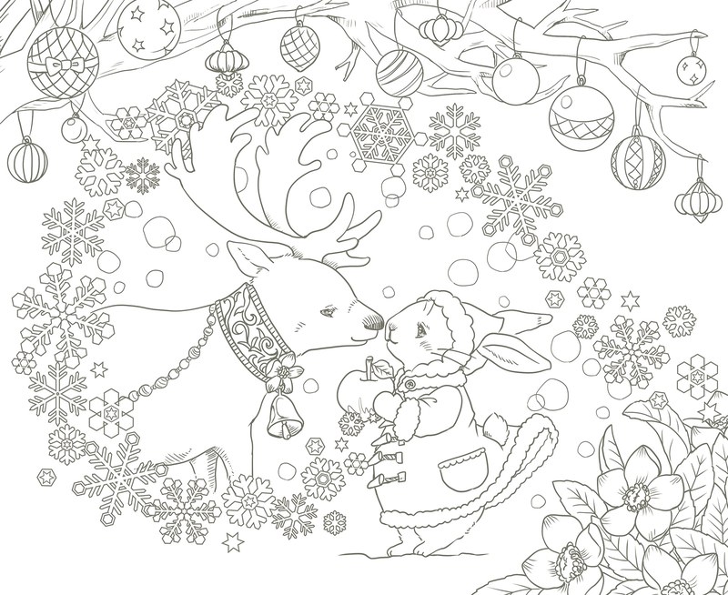 992-00068 Winter coloring page with a reindeer and a rabbit inside a wreath of snowflakes and Christmas ornaments