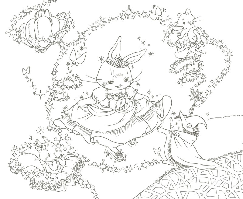 992-00070 Cinderella coloring page with a rabbit princess, a pumpkin carriage and a glass slipper on a winding path